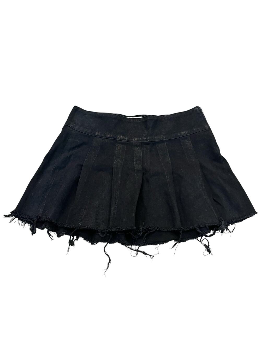 One Teaspoon Pleated Denim Mini Skirt 28 Black Bronze Frayed Grunge Goth Casual